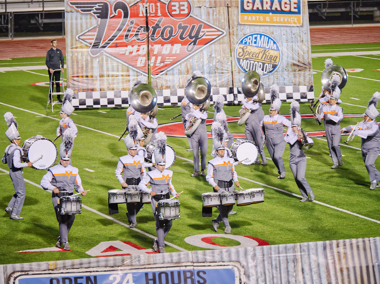 The Mineola band performs during the Class 3A Area C marching competition's finals held in Carthage on Saturday evening.